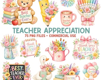 Teacher Appreciation Clipart PNG Bundle, Teacher Week Thank You Clip Art, Watercolor School Supplies, Commercial Use
