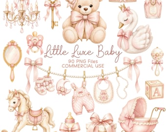 Baby Girl Clipart Bundle, Pink Baby Shower PNG, Teddy Bear Nursery Clip Art, Commercial Use