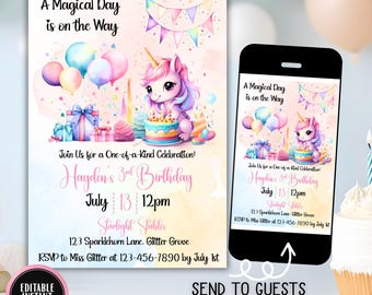Unicorn Birthday Invitation | Pastel Rainbow Girl Party Invite | Editable Printable Template