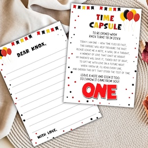 Letrero y tarjeta de cápsula del tiempo para el primer cumpleaños, recuerdo de cumpleaños editable en rojo, negro y amarillo, mensaje para invitados al primer cumpleaños, descarga digital