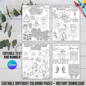 May include: Four black and white printable birthday coloring pages with fairy and fantasy themes. Each page features illustrations of fairies, dragons, mazes, and the text "Happy Birthday Hayden" and "Sprinkle Some Sparkle". Includes editable text and number options.