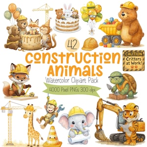 May include: Watercolor clipart pack featuring construction animals, including a bear driving a dump truck, a fox with a measuring tape, and a tiger with blueprints. The image includes the text "Construction Animals" and "42".