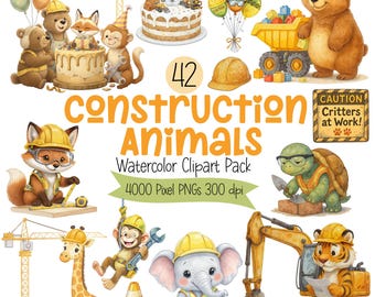 Construction Animals Clipart | Cute Builder Animal PNGs | Construction Birthday Graphics | Watercolor Construction Party Set, Commercial Use