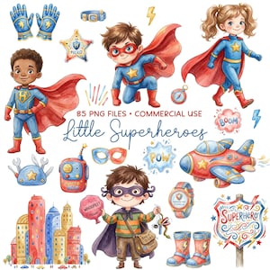 May include: Watercolor illustrations of little superheroes, including children in costumes, capes, and accessories. The image includes the text "Little Superheroes", "85 PNG FILES &bull; COMMERCIAL USE", and sound effects like "POW" and "BOOM".