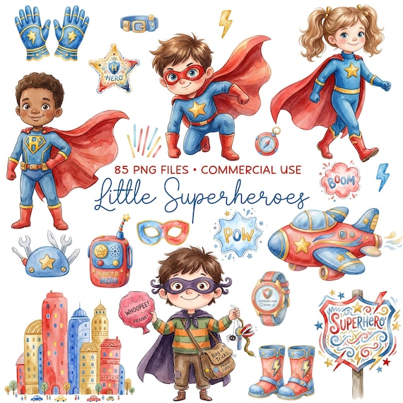 Superhero Kids Clipart Bundle, Boy Girl Hero & Villain Characters, Graphics Set PNG, Commercial Use