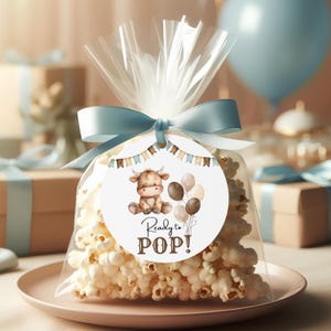 Étiquettes prêtes à éclater pour baby shower de cowboy rond, étiquettes de maïs soufflé, thème occidental de baby shower, étiquettes de cowboy de rodéo, téléchargement immédiat cg01