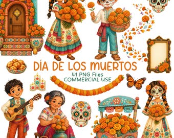 Día de los Muertos Clipart, Day of the Dead PNG, Mexican Folk Art Graphics, Commercial Use