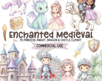 Princess Knight Clipart Set | Medieval Dragon Castle Fairytale PNG Bundle | Storybook Illustrations Commercial Use