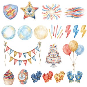 May include: Watercolor illustrations of superhero-themed party decorations. Includes a shield, star, fireworks, banners, balloons, cake, cupcake, watch, and gloves in red, blue, yellow, and gold.