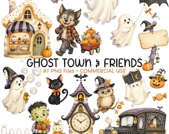 Halloween Clipart, Ghost Clip Art, Whimsical Halloween Village PNG, Trunk or Treat Graphics, Neighborhood Party, Commercial Use