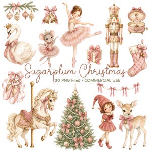 Puede incluir: Un conjunto de ilustraciones digitales titulado Sugarplum Christmas con 30 archivos PNG. Los elementos incluyen una bailarina, un cascanueces, un cisne, un ratón, un caballo de carrusel, un árbol de Navidad, un ciervo, un elfo, zapatillas de ballet, adornos, una caja de regalo y un calcetín en rosa.