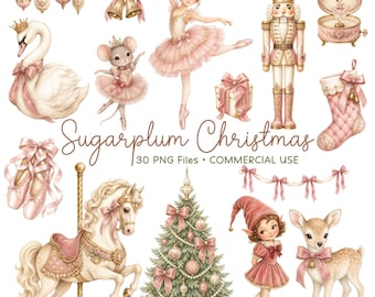 Pink Christmas Clipart, Nutcracker Ballerina PNG, Sugar Plum Fairy, Vintage Christmas Clip Art,  Commercial Use