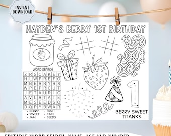 Berry Birthday Activity Placemat – Strawberry Party Coloring Sheet, Editable Word Search, Printable Birthday Mat