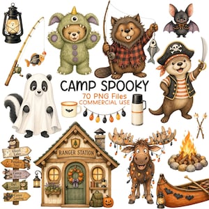 Puede incluir: Una colección de ilustraciones digitales que incluye una linterna, una caña de pescar, un oso disfrazado de monstruo, un castor pescando, un murciélago, un panda fantasma, una taza, un termo, luces, una estación forestal, un alce y una canoa.