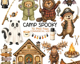 Halloween Clipart Bundle, Camping Clip Art, Watercolor PNG, Woodland Animals, Costume Party, Commercial Use