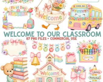 Classroom Clipart Bundle, Teacher Clip Art PNG, Watercolor School Supplies, Back to School Graphics, Commercial Use