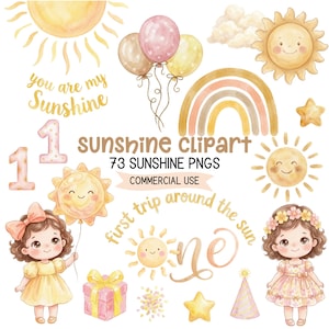 Puede incluir: Conjunto de imágenes prediseñadas de acuarela con ilustraciones con temática de sol. Incluye soles sonrientes, arcoíris, globos, estrellas y una niña sosteniendo un globo con forma de sol. El texto incluye "You are my Sunshine", "Sunshine Clipart".