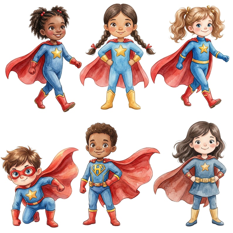 May include: Watercolor illustration of six diverse children dressed as superheroes. Each child wears a blue jumpsuit with a star emblem, a red cape, and boots. The children are in various poses, some walking and others standing.