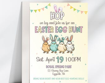 May include: An invitation to an Easter egg hunt with a yellow background and colorful bunting. The text reads "HOP on by and join us for an EASTER EGG HUNT Sat. April 19 1:00PM ROYAL SPRING PARK 12.3 Bunny Hop Lane. Eggsville. VA BRING YOUR BASKET AND YOUR BEST EGG-HUNTING SKILLS". The invitation features four cartoon chicks wearing bunny ears.