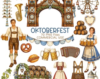 Oktoberfest Clipart PNG Bundle, Bavarian Festival, German Beer, Lederhosen, Dirndl, Pretzel, Commercial Use
