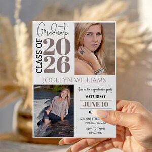 May include: A graduation announcement card with two photos of a young woman. The card features the text "Graduate 2026" and "Jocelyn Williams." The invitation includes the date, "June 10," and RSVP information.