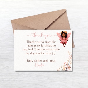 Bewerkbare sprookjesbedankkaart voor meisjes, magische verjaardag afdrukbare, roze fee feestbedankje, instant download, gepersonaliseerd bedankje