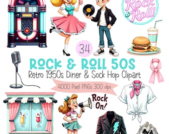 Rock & Roll 50s Clipart Bundle – Retro Diner and Sock Hop PNGs, Vintage 1950s Graphics, Commercial Use