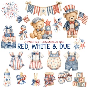 May include: A collection of patriotic illustrations featuring teddy bears, baby clothing, toys, and decorations in red, white, and blue. Elements include fireworks, bunting, gift boxes, a rattle, a pinwheel, a baby bottle, pacifier, and blocks.