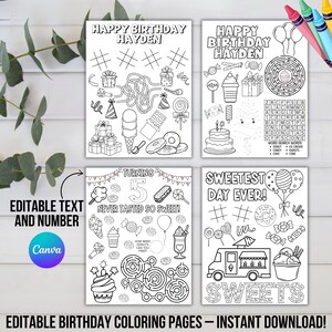 Könnte beinhalten: Vier schwarz-weiße Geburtstagsausmalbilder mit verschiedenen Designs, darunter Labyrinthe und Süßigkeiten, mit den Texten "Happy Birthday Hayden" und "Sweetest Day Ever!". Buntstifte und Grün umgeben die Seiten.