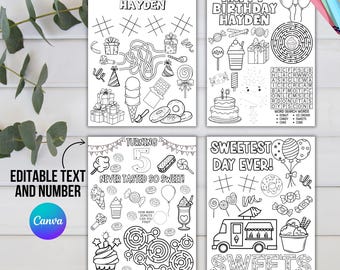 Sweet Treat Birthday Coloring Pages | Editable Activity Sheets | Ice Cream, Candy, Donuts | Printable Kids Party Favor Fun |Instant Download