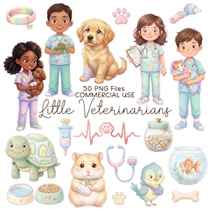 Puede incluir: Una ilustración digital con imágenes de dibujos animados de jóvenes veterinarios y sus pacientes animales. La imagen incluye un cachorro golden retriever, un hámster, una tortuga, un pájaro y un pez dorado. También se incluye el texto "Little Veterinarians".