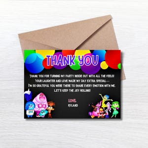 Cartão de agradecimento para festa de aniversário de Inside Out 2, tema de cartão de aniversário de Pixar Inside Out, cartões de agradecimento para aniversário infantil, download instantâneo editável