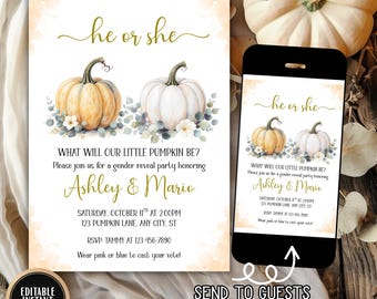 Pumpkin Gender Reveal Invitation: He or She Fall Baby Shower Invite, Little Pumpkin Autumn Theme, Editable Neutral Party (Digital Download)