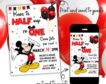 Half Birthday Mickey Mouse Invitation, Boy 1/2 Birthday Invite, 6 Month Baby Boy Birthday Invitation, Half Way to One Editable Download MM1