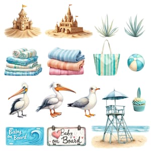 May include: Watercolor illustrations of beach-themed items. Includes sandcastles, towels, a tote bag, a beach ball, pelicans, seagulls, a lifeguard stand, a cupcake, and "Baby on Board" signs. The color palette features blues, greens, and sandy tones.
