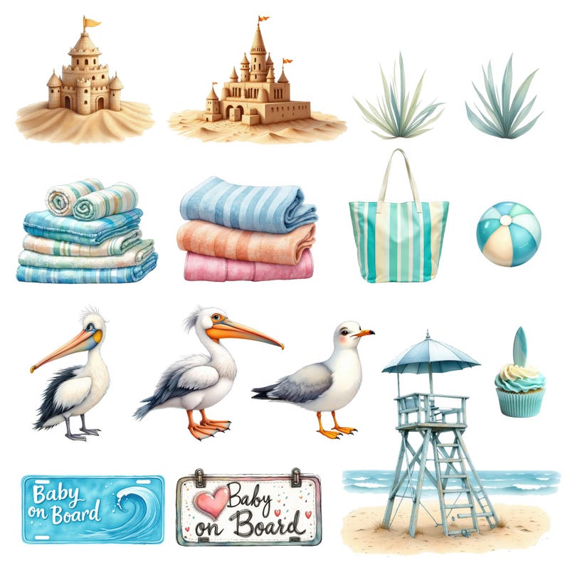 May include: Watercolor illustrations of beach-themed items. Includes sandcastles, towels, a tote bag, a beach ball, pelicans, seagulls, a lifeguard stand, a cupcake, and "Baby on Board" signs. The color palette features blues, greens, and sandy tones.