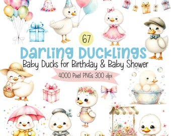 May include: A collection of watercolor illustrations featuring baby ducklings. The images include ducklings with balloons, gifts, and party hats. Text reads "Darling Ducklings, Baby Ducks for Birthday & Baby Shower."