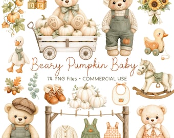 Pumpkin Baby Clipart, Little Pumpkin Baby Shower, Teddy Bear PNG, Commercial Use