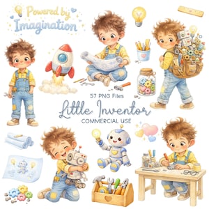 May include: A collection of watercolor illustrations featuring a young inventor with tools, blueprints, and a robot. The images include a rocket, gears, and the text "Little Inventor" and "Powered by Imagination".