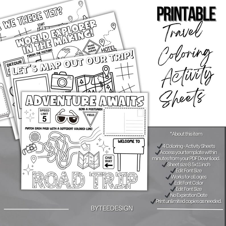 Road Trip Coloring Pages for Kids, Travel Games Printable, Editable Car