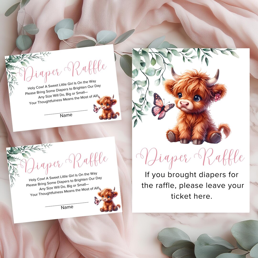 Cow Tickent R Highland Cow Diaper Raffle – Girl Baby Shower Game Sign & Tickets ...