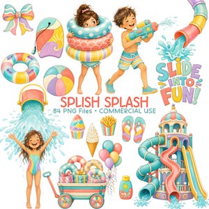 Pode incluir: Uma coleção de ilustrações com tema de verão apresentando crianças brincando com brinquedos aquáticos, um toboágua, um carrinho cheio de boias, uma bola de praia, um balde de água, sorvete, batatas fritas, chinelos e o texto SLIDE INTO FUN.