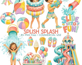 Water Park Clipart, Kids Summer PNG, Water Slide & Pool Party Graphics, Commercial Use