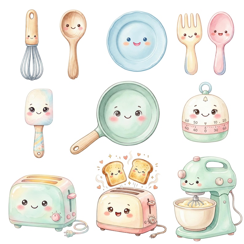 Breakfast Clipart Bundle, Kawaii Food PNG, Pancake Waffle Donut Clip Art, Watercolor Graphics, Commercial Use image 6
