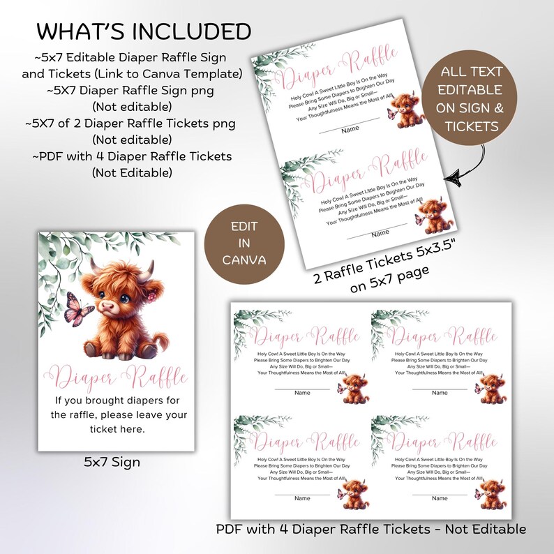 Cow Tickent R Highland Cow Diaper Raffle – Girl Baby Shower Game Sign & Tickets ...