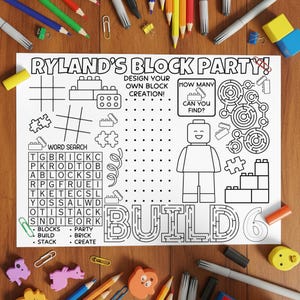 May include: Black and white activity sheet titled "Ryland's Block Party!" featuring a word search, mazes, and a Lego-style figure. The sheet includes the words "Build" and "Design Your Own Block Creation!" with various block-themed illustrations.