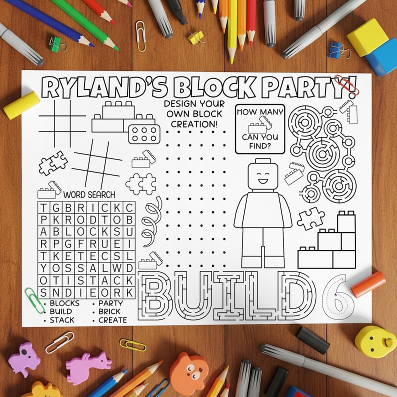 May include: Black and white activity sheet titled "Ryland's Block Party!" featuring a word search, mazes, and a Lego-style figure. The sheet includes the words "Build" and "Design Your Own Block Creation!" with various block-themed illustrations.