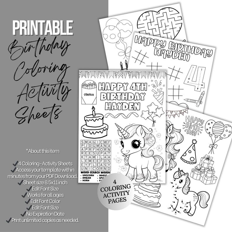 Unicorn Birthday Coloring Pages, Kids Party Activity Printable ...