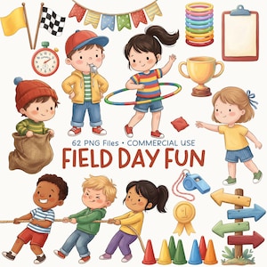 May include: A colorful illustration with the text "FIELD DAY FUN" features children playing various games. The image includes a stopwatch, flags, a trophy, a hula hoop, bean bags, and a tug-of-war scene. There are also cones, a whistle, and a ribbon.