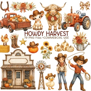 Puede incluir: Una colección de ilustraciones digitales que incluye un camión rústico con calabazas, una vaca highland, un tractor, un edificio western, un molino, girasoles, un vaquero y una vaquera, y animales con el texto HOWDY HARVEST 79 PNG FILES COMMERCIAL USE.